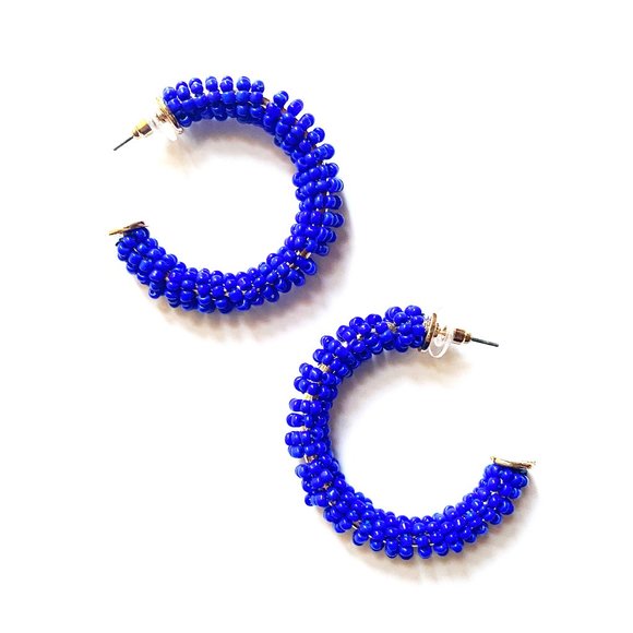 Blue Beaded Hoop Earrings - Picture 2 of 3